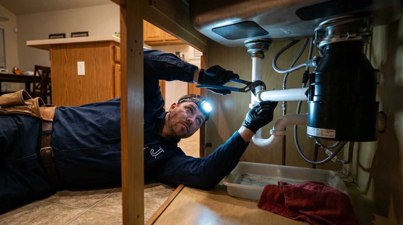 P-trap and supply line connections under a kitchen sink showing a common leak point in Carbondale, PA